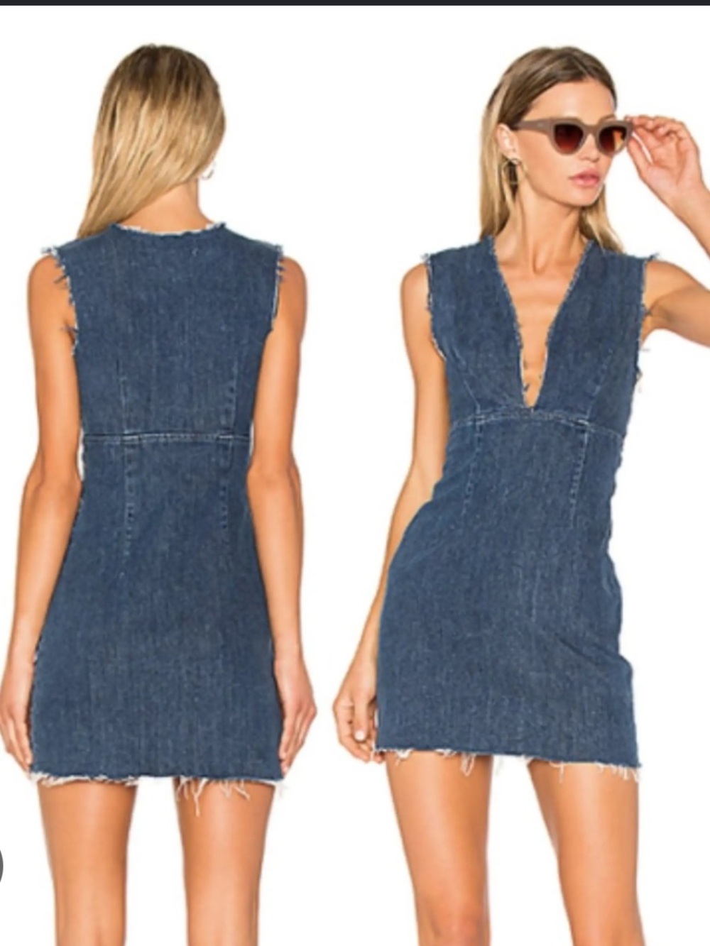 GRLFRND Raw-Edge Deep V Denim Mini Dress in Dark Blue